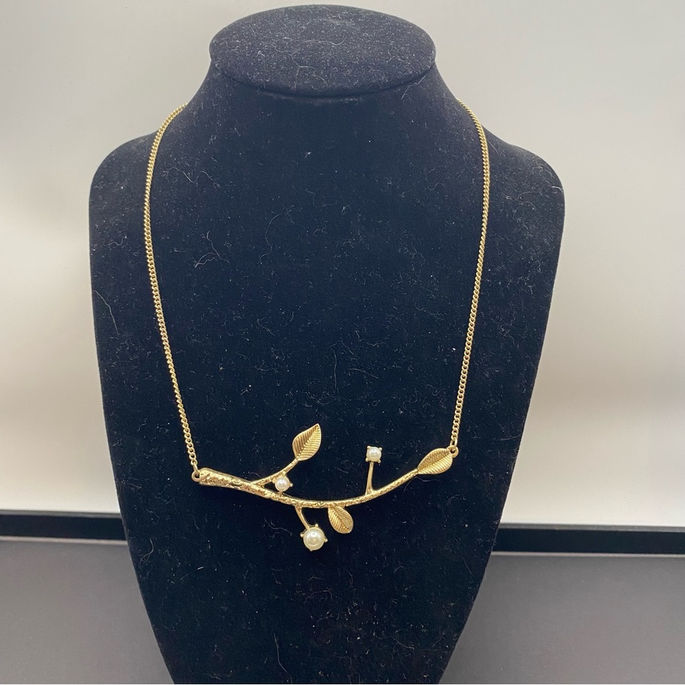 Gold Branch Leaf Pendant Necklace with Faux Pearl Accent